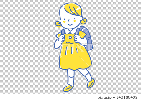 笑顔でランドセルを背負う日本人の女の子の2色線画イラスト 笑顔でランドセルを背負う日本人の女の子の2色線画イラスト 143186409