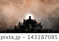 tmospheric Halloween scene showing a black cat silhouette sitting on a rooftop against a glowing moon, with bats and a textured cloudy sky. 143187085