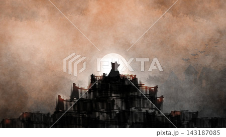 tmospheric Halloween scene showing a black cat silhouette sitting on a rooftop against a glowing moon, with bats and a textured cloudy sky. tmospheric Halloween scene showing a black cat silhouette sitting on a rooftop against a glowing moon, with bats and a textured cloudy sky. 143187085