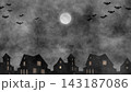 Dark gray atmospheric Halloween night scene with a full moon, flying bats, silhouetted houses, glowing windows, and textured cloudy sky. 143187086