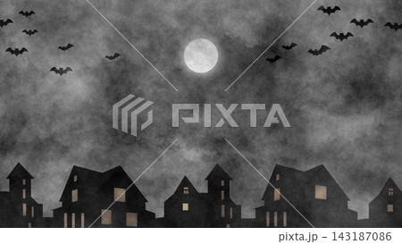 Dark gray atmospheric Halloween night scene with a full moon, flying bats, silhouetted houses, glowing windows, and textured cloudy sky. Dark gray atmospheric Halloween night scene with a full moon, flying bats, silhouetted houses, glowing windows, and textured cloudy sky. 143187086