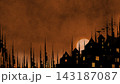 Warm orange Halloween night landscape with a glowing moon, dark village silhouettes, tall trees, flying bats, and illuminated windows. 143187087
