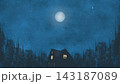 Blue atmospheric night background featuring a dark house with glowing windows, a soft full moon, stars, and surrounding forest silhouettes. 143187089