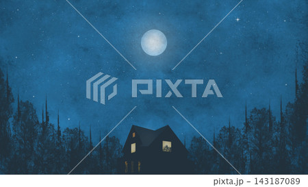 Blue atmospheric night background featuring a dark house with glowing windows, a soft full moon, stars, and surrounding forest silhouettes. Blue atmospheric night background featuring a dark house with glowing windows, a soft full moon, stars, and surrounding forest silhouettes. 143187089