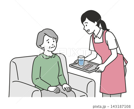 認知症のシニア女性に薬と水を運び服薬介助を行う女性介護士のイラスト 認知症のシニア女性に薬と水を運び服薬介助を行う女性介護士のイラスト 143187108
