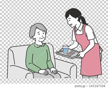 認知症のシニア女性に薬と水を運び服薬介助を行う女性介護士のイラスト 認知症のシニア女性に薬と水を運び服薬介助を行う女性介護士のイラスト 143187108