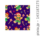 A cute, seamless winter holiday pattern featuring smiling gingerbread men in Santa hats and gingerbread girls in green dresses, accented with lollipops, candy canes, and magical glowing sparkles 143187273