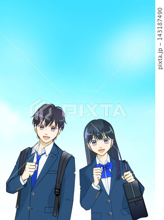 きれいな青空を背景にした学生たちのアニメ風イラスト 143187490