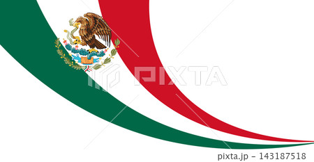 Mexico flag corner banner with curved green, white and red stripes and national emblem, Isolated on transparent background. Patriotic Mexican banner with copy space. PNG. Vector 143187518