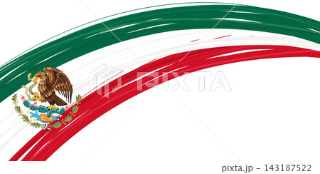 Bold Mexican flag brush strokes with eagle emblem, isolated on transparent background. Dynamic Mexico banner with copy space. Ideal festive patriotic design for celebrations and decorations. Vector 143187522