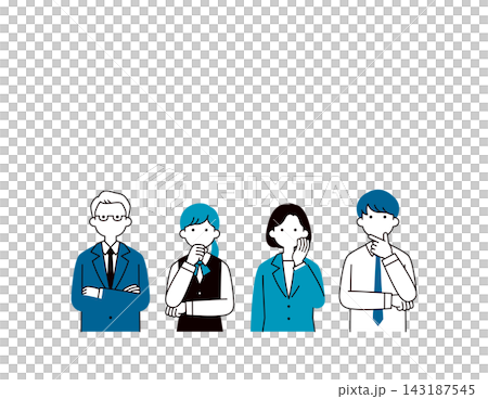 A set of upper body vector illustrations of business owners, male employees, and female office workers in troubled, worried, or thinking poses. A set of upper body vector illustrations of business owners, male employees, and female office workers in troubled, worried, or thinking poses. 143187545