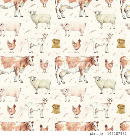 Farm animals seamless pattern on light beige background for fabric, wrapping paper, packaging, stationery, and surface design. Farm animals seamless pattern on light beige background for fabric, wrapping paper, packaging, stationery, and surface design. 143187581