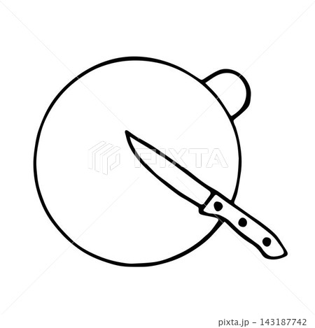 Round kitchen board, knife. Cutting products. For print, logos, label, food preparation. Simple vector drawing in black outline. Round kitchen board, knife. Cutting products. For print, logos, label, food preparation. Simple vector drawing in black outline. 143187742