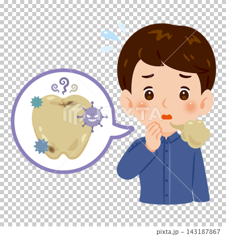 An illustration of the upper body of a man with dirty teeth and bad breath. 143187867