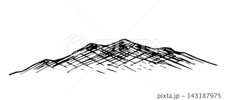 Hand-drawn simple vector ink drawing. Mountain isolated on white background. Panoramic landscape, nature. Tourism, travel. 143187975