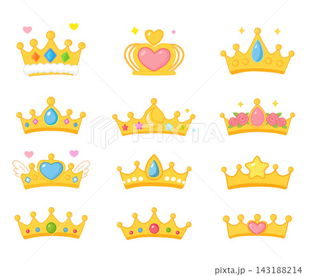 Cute Gold Crown Icons Set with Gemstones 143188214