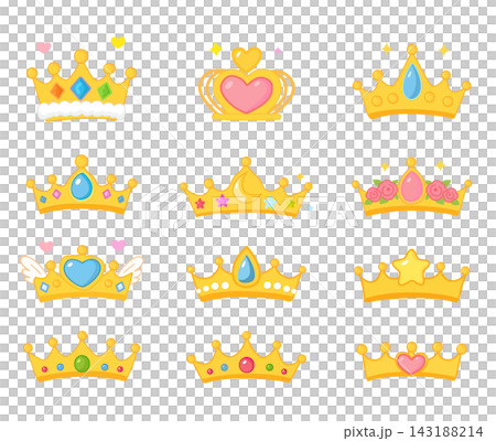 Cute Gold Crown Icons Set with Gemstones 143188214