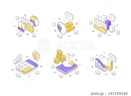 Business Analytics And Financial Planning Isometric Vector Illustration Icon Set 143189180