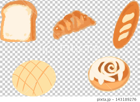 Bread set: Illustration of sliced bread, croissant, baguette, melon bread, and cinnamon roll. Bread set: Illustration of sliced bread, croissant, baguette, melon bread, and cinnamon roll. 143189276