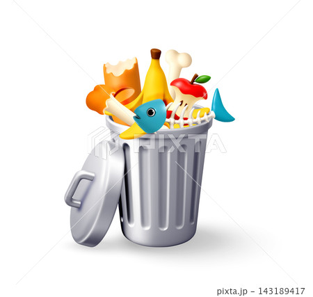 3D overflowing garbage can with food scraps 143189417