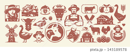 Vintage Rural Agriculture Farmer Livestock Engraved Seal Stamp Icon Vector Illustration Branding 143189578