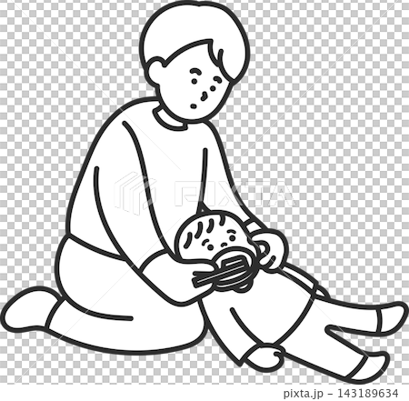 An illustration of a father brushing his child's teeth (line drawing only). An illustration of a father brushing his child's teeth (line drawing only). 143189634