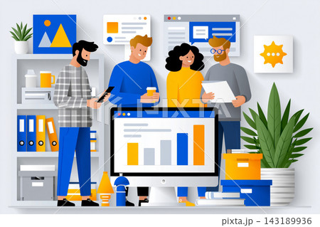 Collaborative learning hub featuring project discussions, shared workspaces and organized classroom Collaborative learning hub featuring project discussions, shared workspaces and organized classroom 143189936