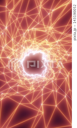 Glowing orange wireframe network surrounds a dark circular portal, creating a futuristic abstract energy gateway. Glowing orange wireframe network surrounds a dark circular portal, creating a futuristic abstract energy gateway. 143190052