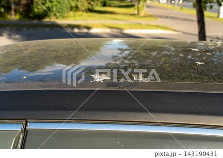 Close-Up Of Parked Car Roof With Bird Droppings, Dust And Scratches In Urban Parking Lot Close-Up Of Parked Car Roof With Bird Droppings, Dust And Scratches In Urban Parking Lot 143190431
