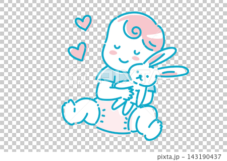 A smiling baby holding a rabbit plush toy, hand-drawn illustration. A smiling baby holding a rabbit plush toy, hand-drawn illustration. 143190437
