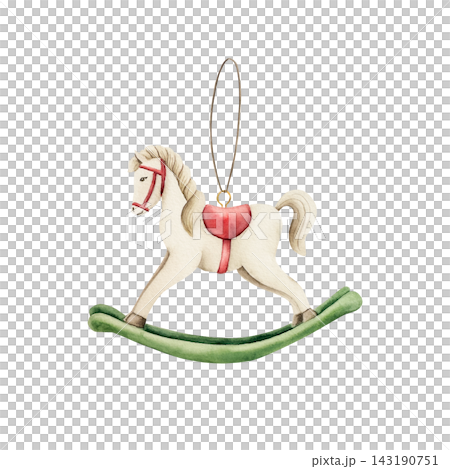 Watercolor vintage rocking horse Christmas ornament isolated on white background. Hand drawn retro wooden toy illustration for cozy winter greeting cards. Detailed realistic retro element for baby nur Watercolor vintage rocking horse Christmas ornament isolated on white background. Hand drawn retro wooden toy illustration for cozy winter greeting cards. Detailed realistic retro element for baby nur 143190751