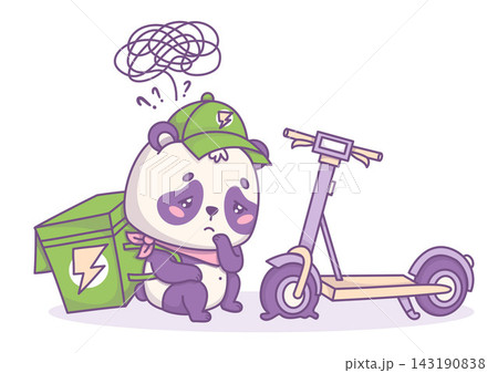 Panda Kawaii Courier Sitting Sad Near Electric Scooter Flat Tire with Thermal Backpack. Cute Delivery Bear Mascot Character in Confusion. Vector Illustration. Error State, Delayed Delivery UI Concept. Panda Kawaii Courier Sitting Sad Near Electric Scooter Flat Tire with Thermal Backpack. Cute Delivery Bear Mascot Character in Confusion. Vector Illustration. Error State, Delayed Delivery UI Concept. 143190838