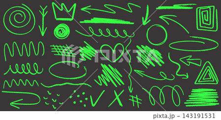 Set of neon green grunge style elements drawn by hand with marker 143191531