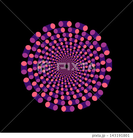 dynamic circular motion pattern composed of repeated violet and coral cylindrical shapes arranged in concentric radiating rings on black backdrop. dynamic circular motion pattern composed of repeated violet and coral cylindrical shapes arranged in concentric radiating rings on black backdrop. 143191801
