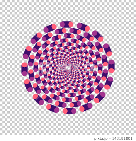 dynamic circular motion pattern composed of repeated violet and coral cylindrical shapes arranged in concentric radiating rings on black backdrop. dynamic circular motion pattern composed of repeated violet and coral cylindrical shapes arranged in concentric radiating rings on black backdrop. 143191801