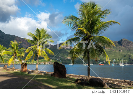 Taiohae Bay and beach with coconut trees in Nuku Hiva, Marquesas, French Polynesia Taiohae Bay and beach with coconut trees in Nuku Hiva, Marquesas, French Polynesia 143191947