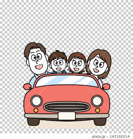 Family drive; a family of four in the car; front view. Family drive; a family of four in the car; front view. 143192014