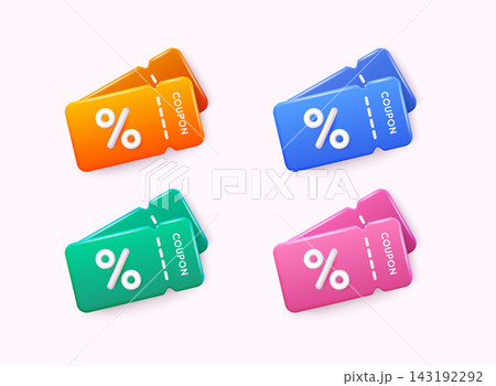 Label set with percent, check mark and discount. App icon. 3D Web Vector Illustrations. 143192292
