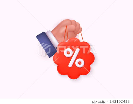 Hand holding label with percent and discount. App icon. 3D Web Vector Illustrations. 143192432