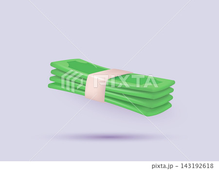 Stack of green banknotes tied with paper band representing cash and finances. 3D Web Vector Illustrations. 143192618