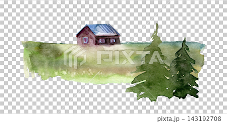 Watercolor rural landscape with red wooden cottage on green meadow and two spruce trees, hand painted Nordic countryside scene Watercolor rural landscape with red wooden cottage on green meadow and two spruce trees, hand painted Nordic countryside scene 143192708