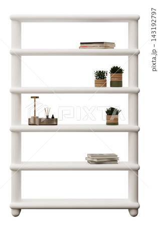 Shelves are displayed from the front view with various decor items placed on them. The background is clear, highlighting the shelves and their 143192797
