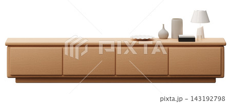 A sideboard is shown from the front on a clear background. It has decor items like a vase, a lamp, and a small dish on top. The scene shows a simple 143192798