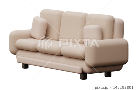 A soft-looking sofa sits alone on a clear background. The design is simple and modern, featuring rounded edges and cushions, appealing for 143192801