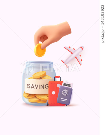 Illustration of a travel saving concept with a hand putting a coin into a jar, airplane, suitcase, and passport on pastel background. 3D Web Vector Illustration. Illustration of a travel saving concept with a hand putting a coin into a jar, airplane, suitcase, and passport on pastel background. 3D Web Vector Illustration. 143192922