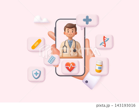 Online medical consultation and telemedicine concept with doctor on smartphone screen. 3D Vector Web Illustration. 143193016