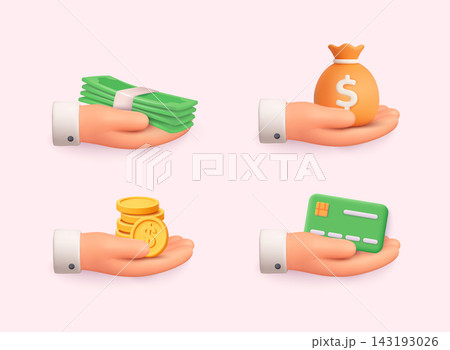 Set of hands holding money, coins, and credit card. 3D Vector Web Illustration. Set of hands holding money, coins, and credit card. 3D Vector Web Illustration. 143193026