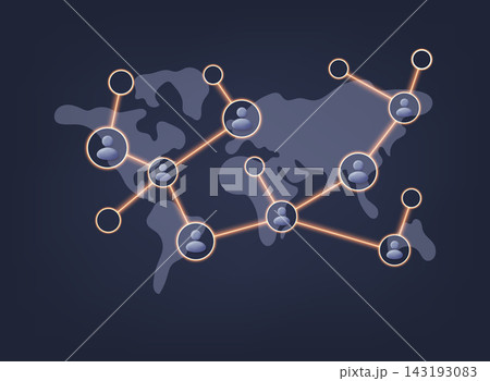 Network of glowing connections linking people across world map representing communication and social data. 3D Vector Web Illustration. 143193083