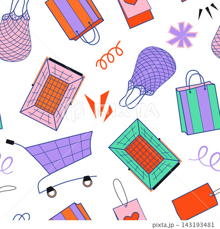 Shopping seamless pattern vector illustration. Colorful retail elements, reusable shopping bags, cart, basket on white background. Bold commerce repeat tile design for branding, marketing campaign 143193481