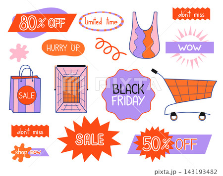 Black Friday promotion graphics and lettering stickers set. Colorful playful retail elements, discount symbols, hand written call to action lettering for marketing campaign, special offer advertising Black Friday promotion graphics and lettering stickers set. Colorful playful retail elements, discount symbols, hand written call to action lettering for marketing campaign, special offer advertising 143193482
